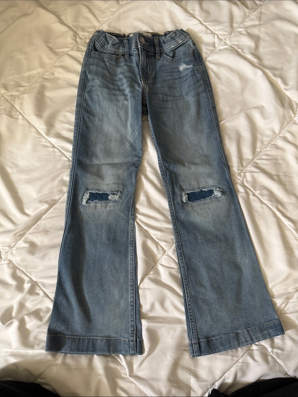 abercrombie kids light blue distressed bootcut jeans